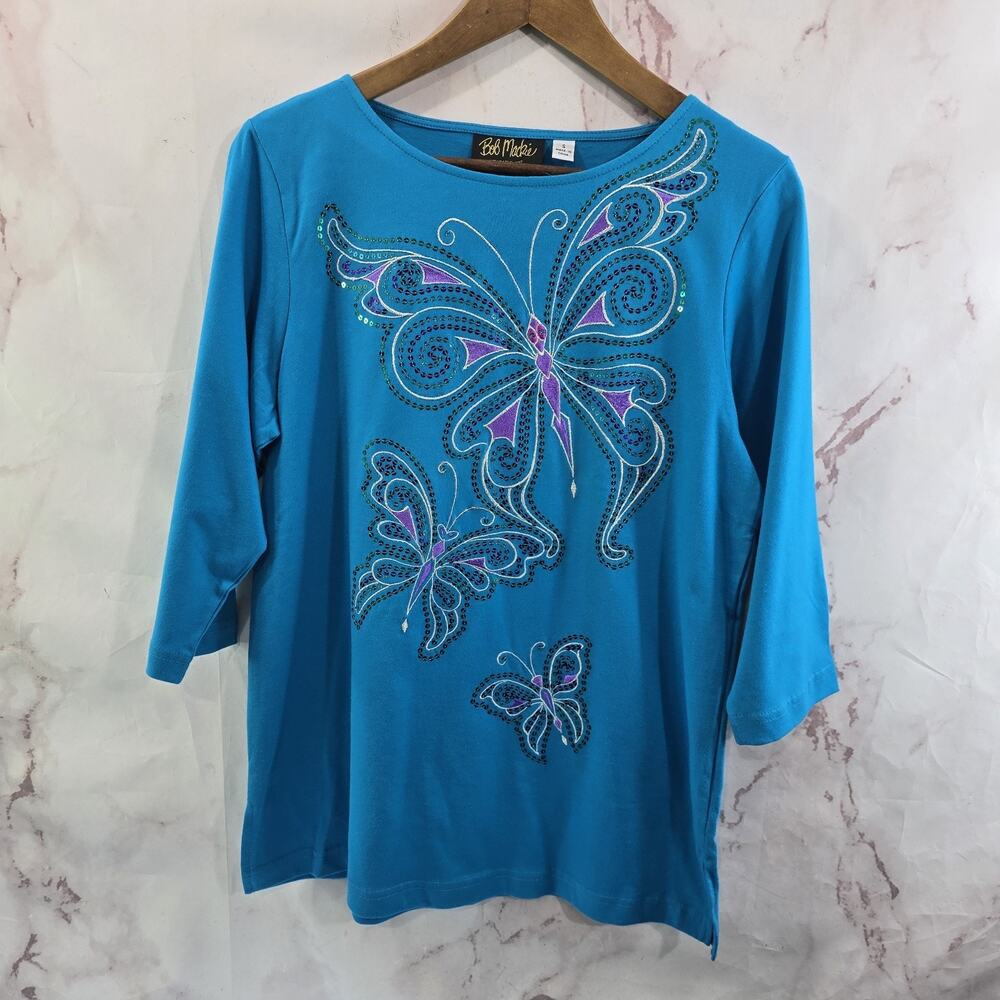 Bob Mackie Shirt Womens Small Blue Butterfly T Tee Artsy Art Embroidered Sequin